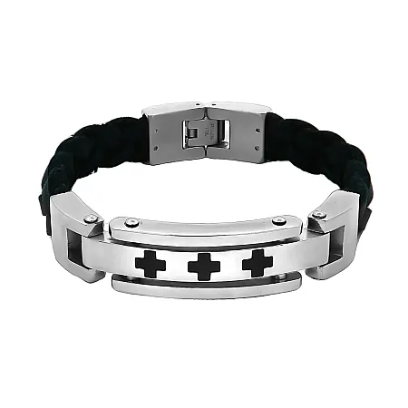 Βραχιόλι ανδρικό από ανοξείδωτο ατσάλι & δέρμα,21,5 εκατοστά, TRIBUTE,0230348101